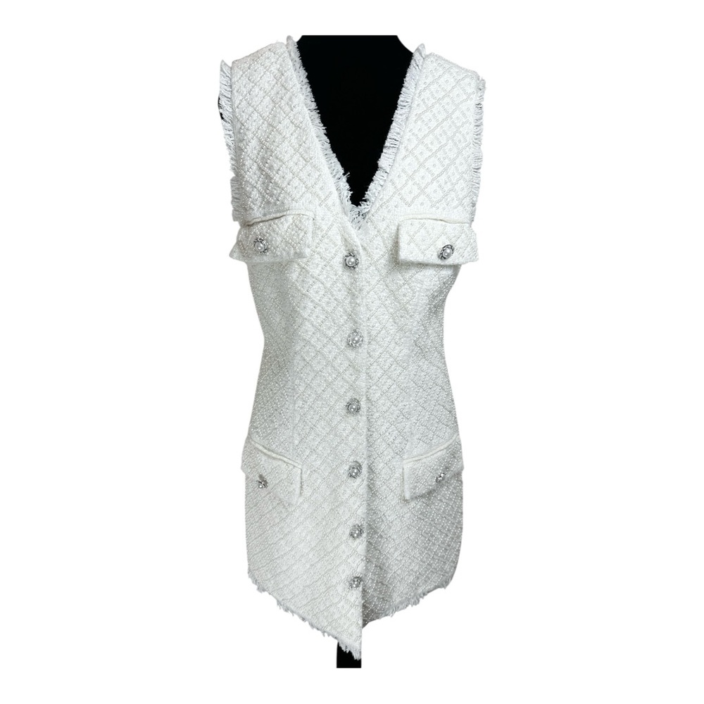 BHLDN Anthropologie Sleeveless Tweed Dress Pearl Embellished Fringed Trim NWOT - Picture 5 of 11